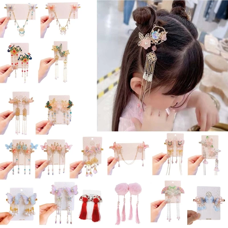 Dangling Ornament Hair Barrettes for Girls Vintage Hair Bun Side Clip Headdress K5DD