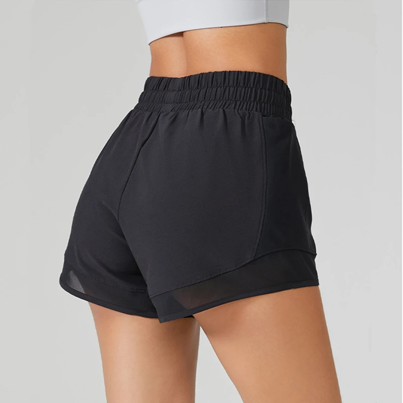 Pantalones cortos para correr para mujer, Shorts deportivos de Yoga, dos piezas falsas, pantalón corto de tenis, bolsillo de malla con cordón, bañadores de Fitness para gimnasio