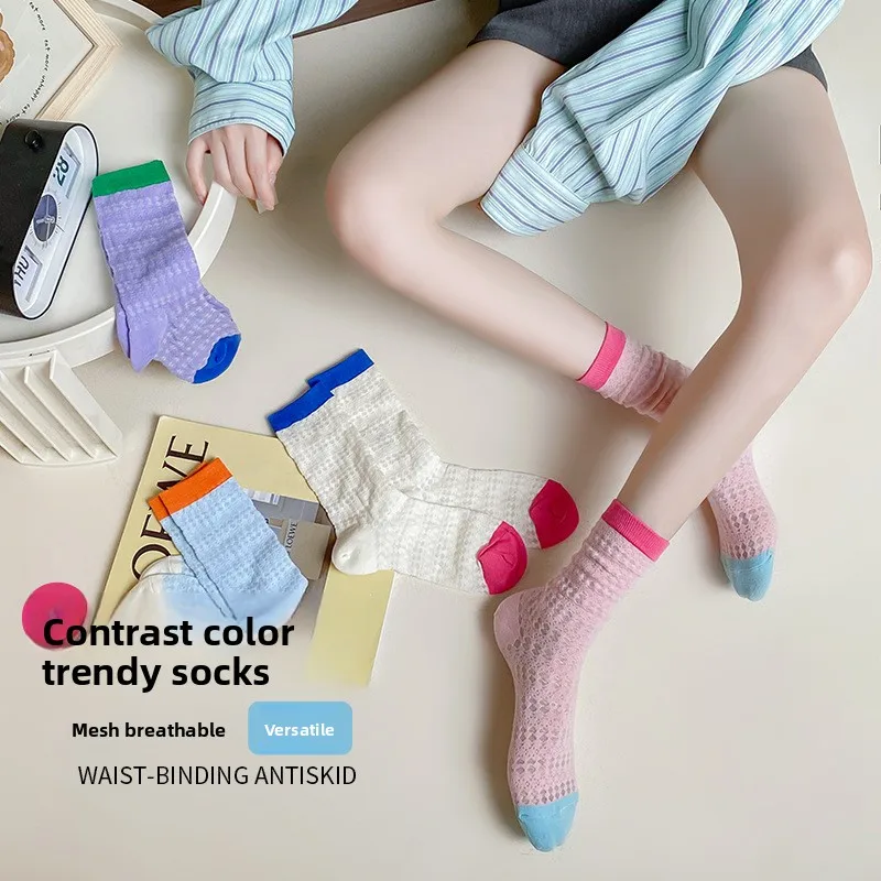 

Color Blocked Socks Women Breathable Mesh Long Socks Japanese Style Cotton Socks