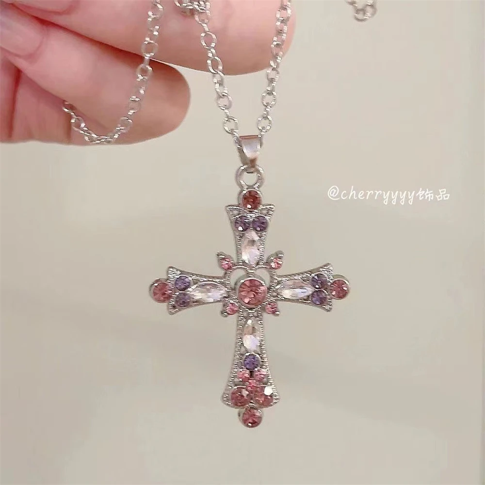 2024 New Zircon Rhinestone Cross Necklace for Women Pink Purple Love Heart Cross Pendant Necklaces Jewelry Party Wedding Gifts