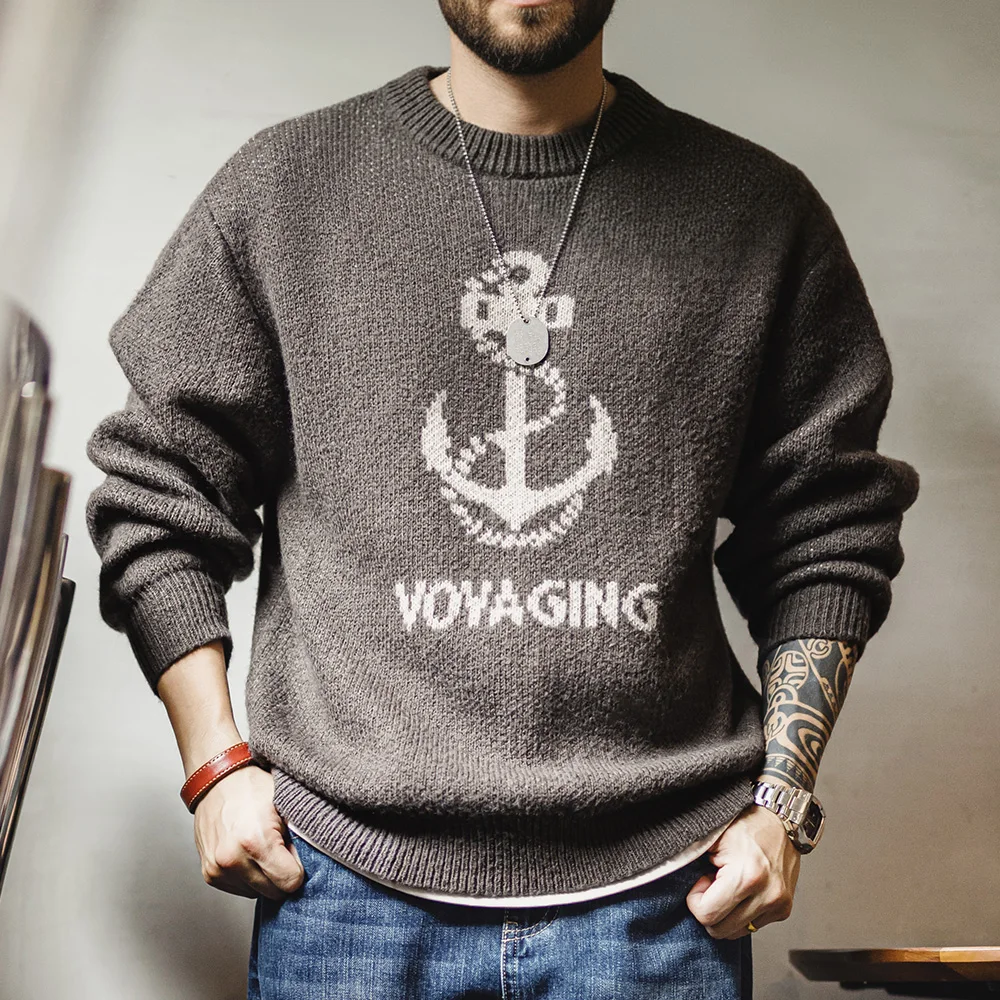 Maden-suéter estampado de punto Retro para hombre, jersey de cuello redondo acanalado cálido y versátil, Tops de capa Base de otoño e invierno