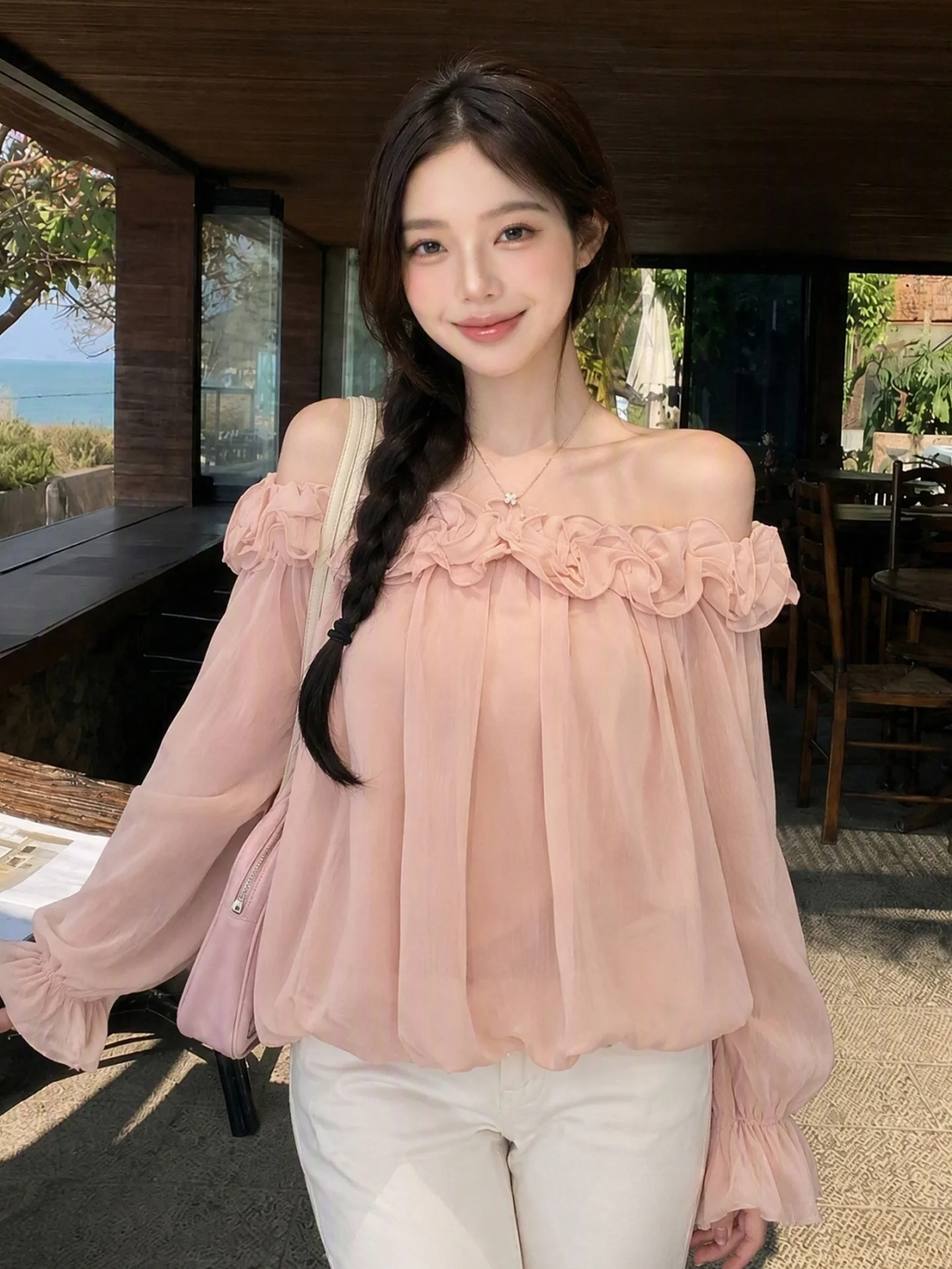 Slimming Floral Print Chiffon Shirt Women's Early Autumn Loose Fit Bell Sleeve Slim Thin Top French Style Citywalk Long Sleeve