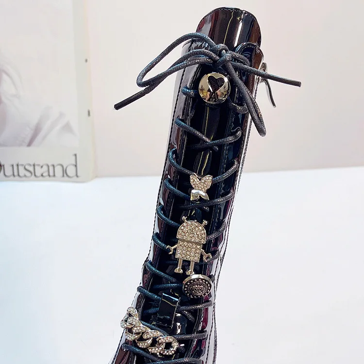 2025 Autumn Winter New Fashion Girls Bright Leather High Boots Flower Lace-up Rhinestone Decoration Children Long Knight Boots - view 5