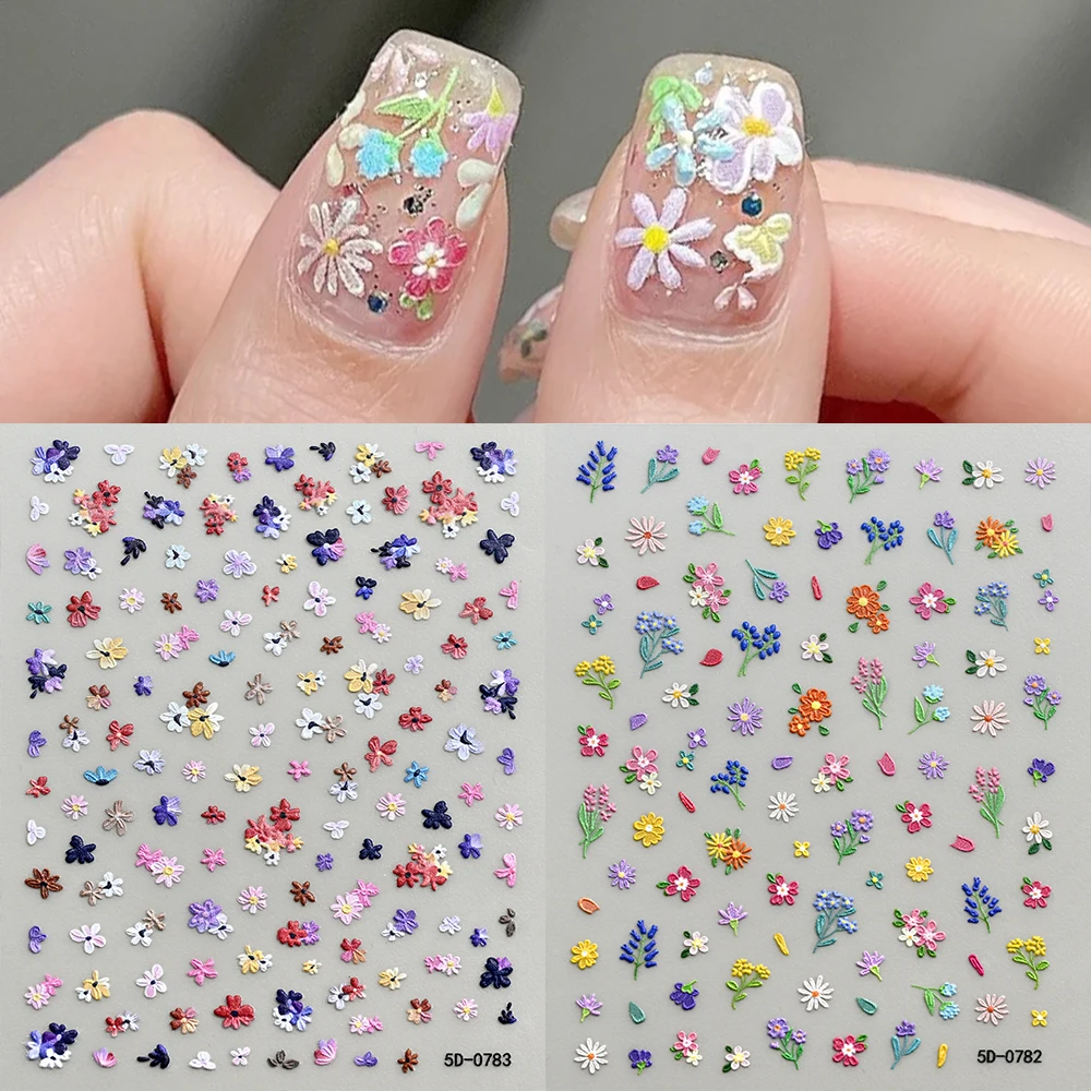 1/2 Stück 5D Geprägte Blumen-Nagelaufkleber im Ölgemälde-Stil Lavendel/Gänseblümchen/Kirschblüten Nageldekoration DIY Frühlings-Maniküre-Deko