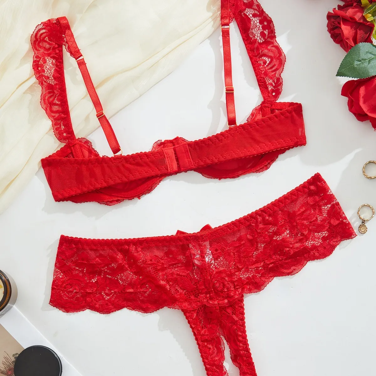 Valentine's Day French sweet two-piece set, red sexy women's half-exposed breast design open crotch panties, floral lace embroid - Image 3