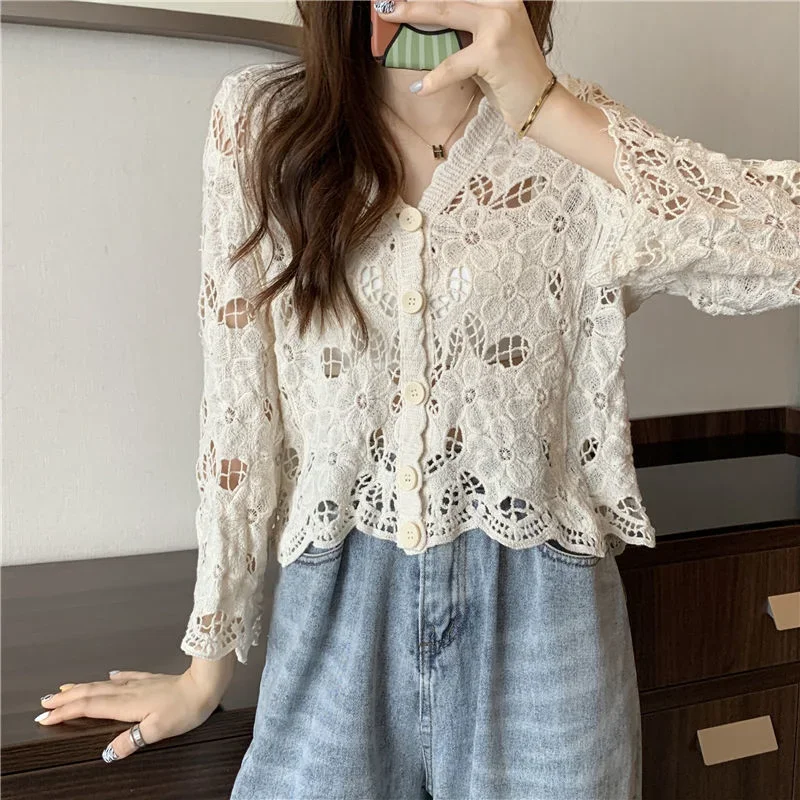 Hollow Out Cardigan Women Knitted Summer Vintage Breathable Korean Style Ladies Temperament Thin Solid All-match Classic Casual