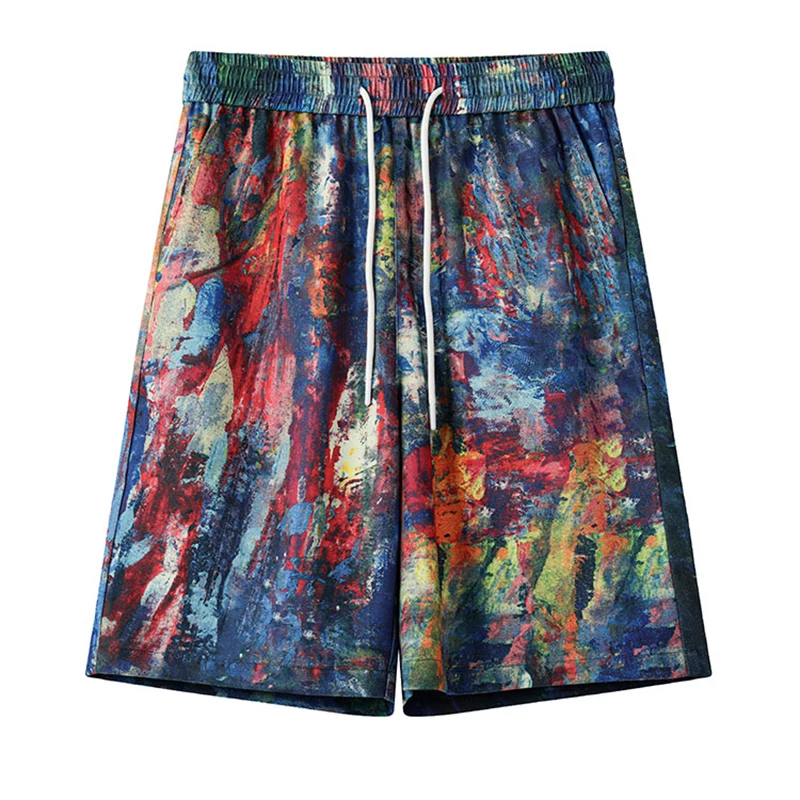 Verão novo masculino casual solto shorts atlético fitness treinamento shorts 3d impressão a cores tinta respingo pintura a óleo calças M-5XL