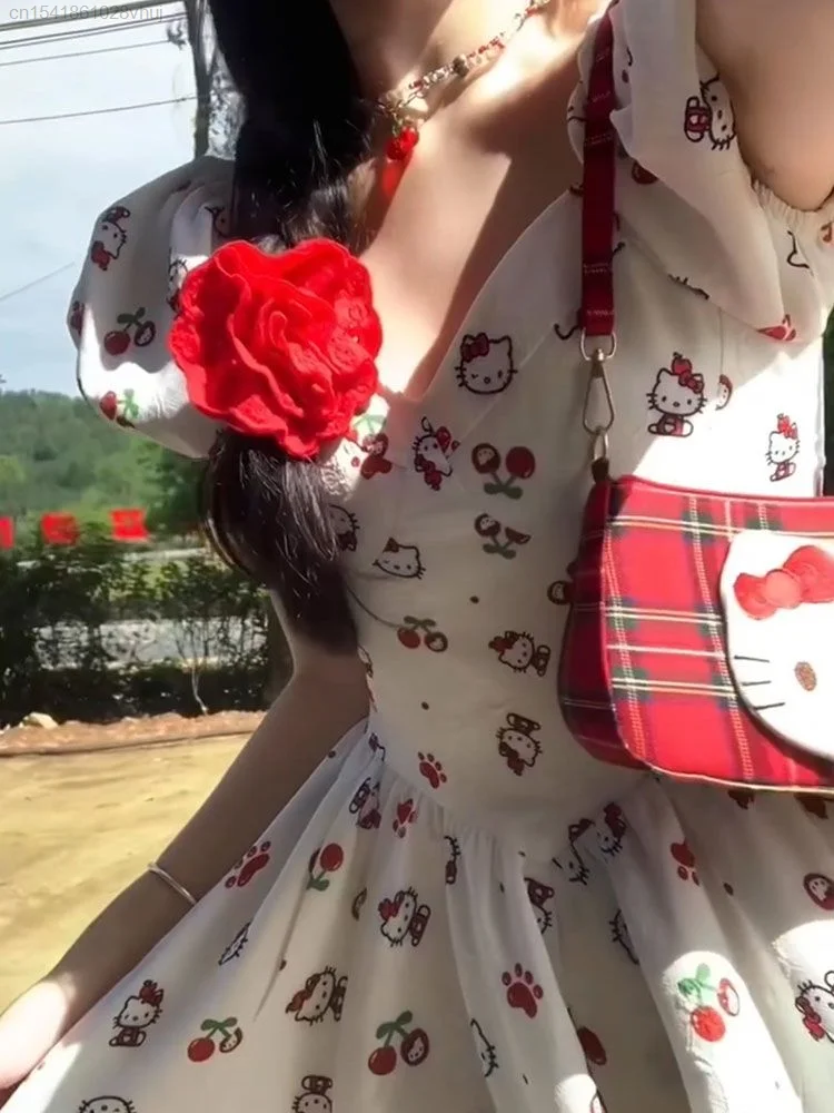 Sanrio-vestido de Hada de Hello Kitty para niñas, manga de burbuja, Kawaii Lolita Y2k, Vestidos de Fiesta Cortos mullidos, vestidos Midi lindos, moda de verano