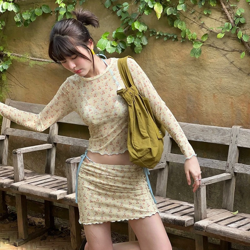 

New Girlish Floral Tie Halter Backless Bikini Set - Knitted Sunscreen Long Sleeve Ruffle Skirt Beach Vacation Swimwear