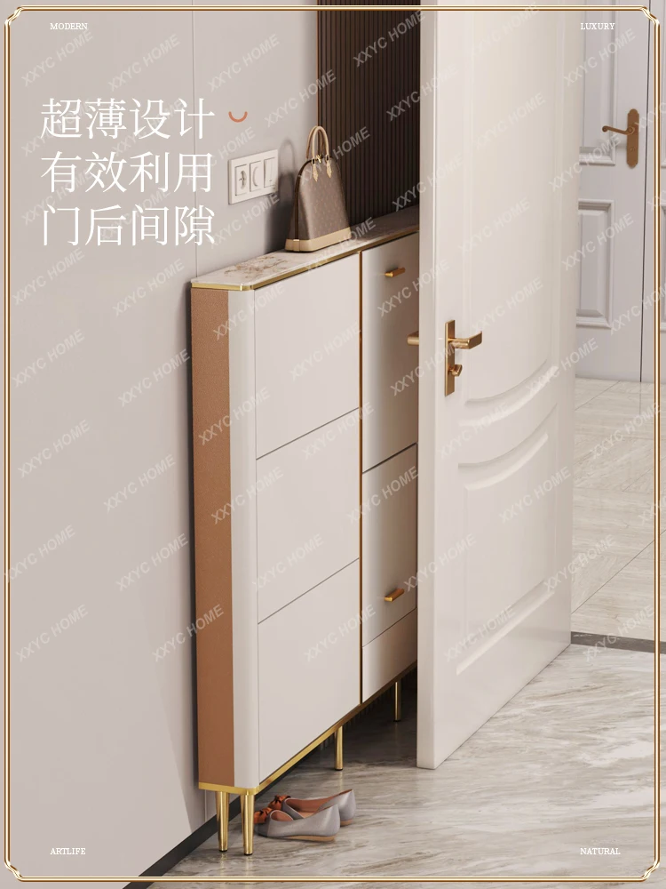 Ultra-thin tipping bucket shoe cabinet, simple modern wabi-sabi cream style foyer cabinet 17cm small apartment door entrance