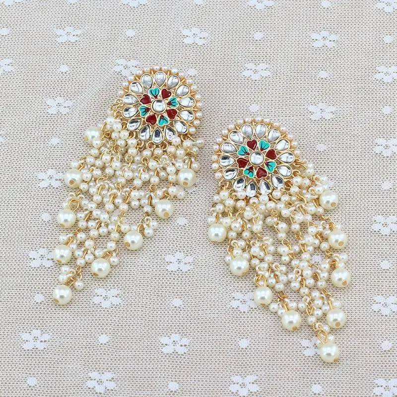 634C Jewelry Decor Ethnic Earrings Indian Bollywood Kundan Pearls Drop Earrings