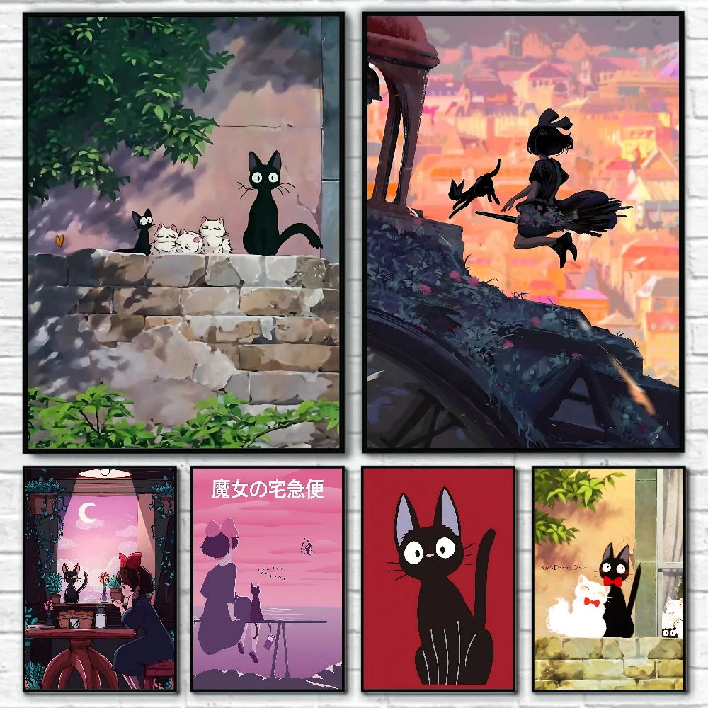 Póster de gato negro del servicio de entrega de Kiki, arte autoadhesivo, pegatina de papel impermeable, decoración de pared de habitación, cafetería, Bar, 1 ud.