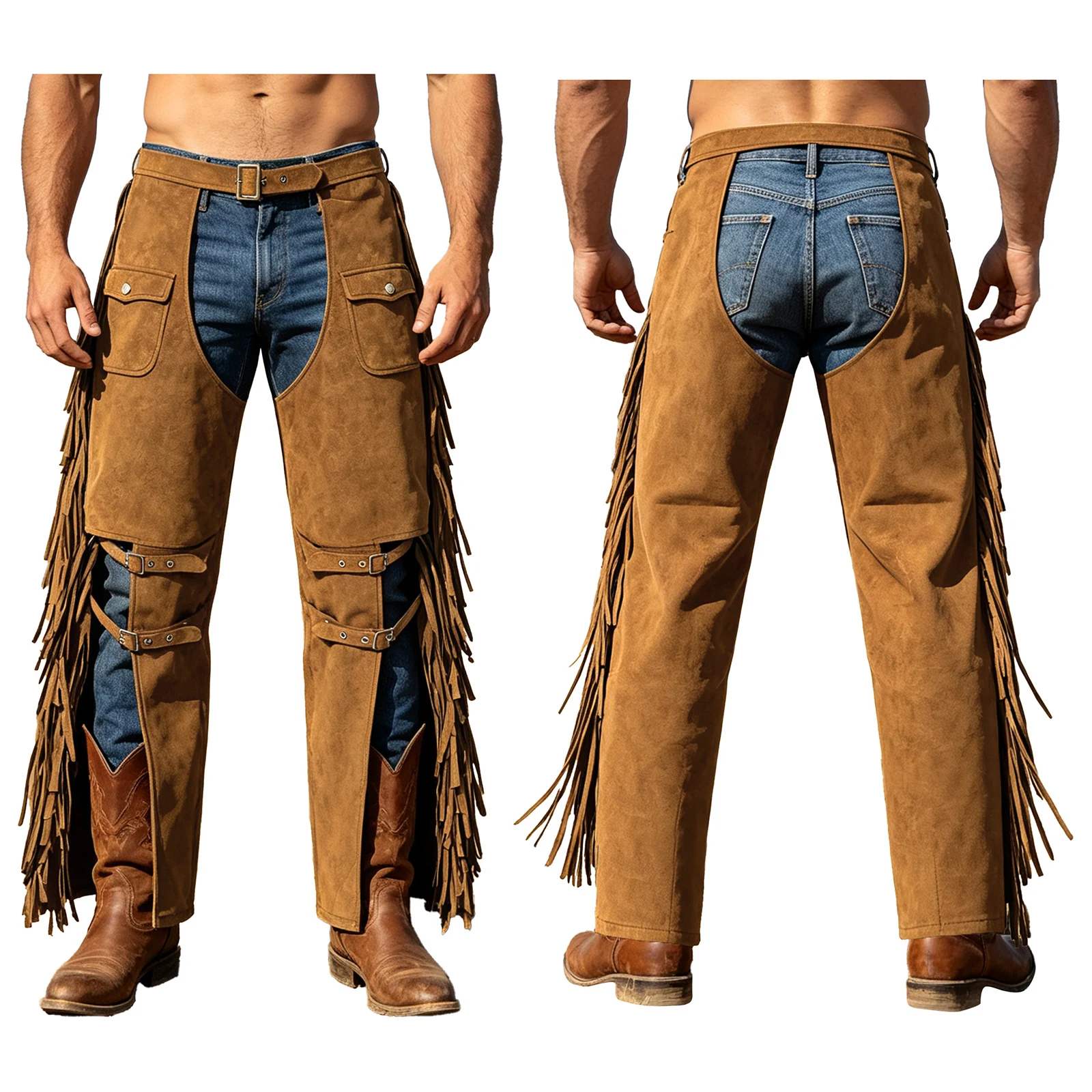 Disfraz de vaquero del oeste para Halloween, para hombres, con pantalones tipo chaps de ante sintético, ideales para montar a caballo o en bicicleta, con flecos laterales y abertura en la entrepierna.