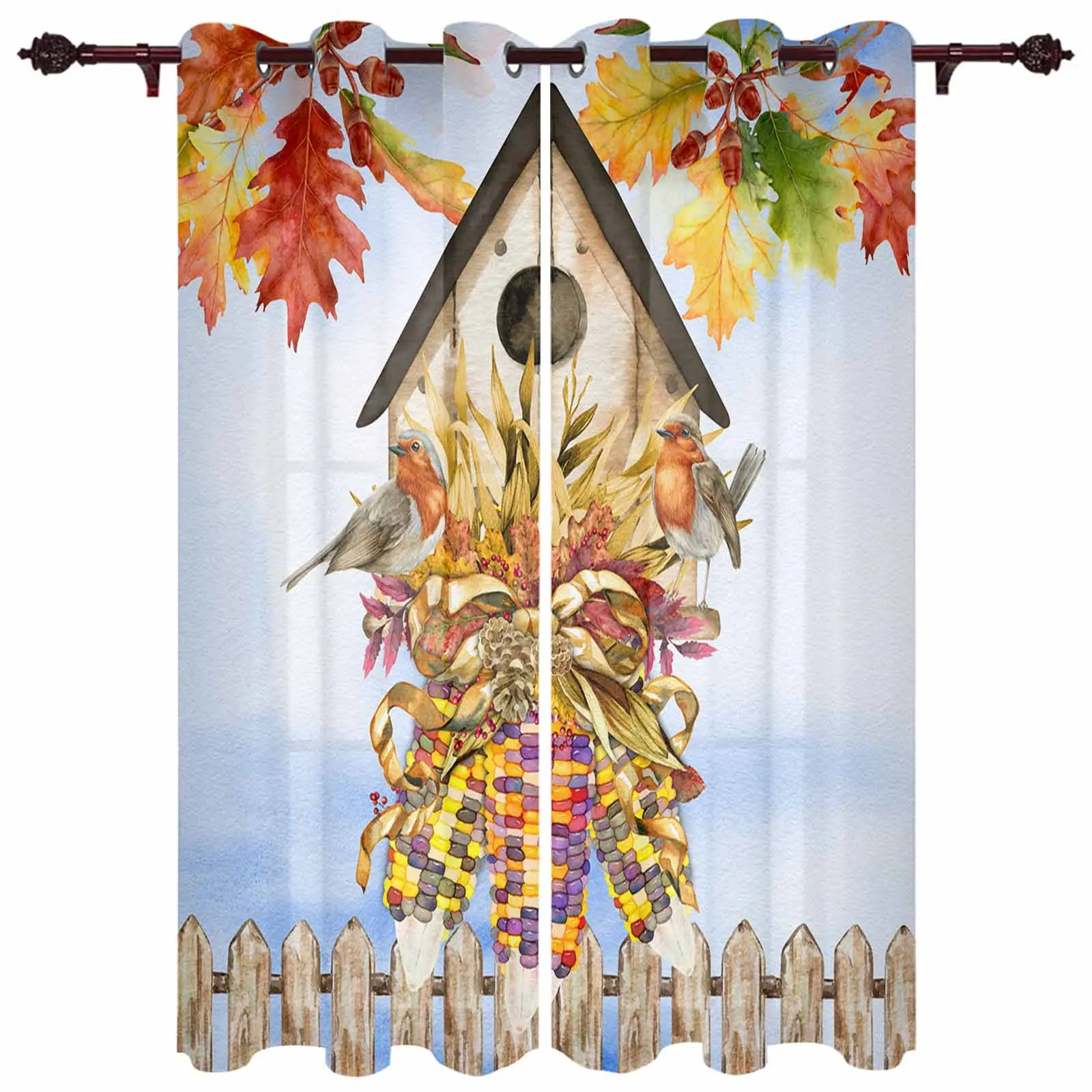 

Autumn Bird House Maple Leaf Colored Corn Wood Fence Curtains for Living Room Hotel Window Treatment Luxury Drapes