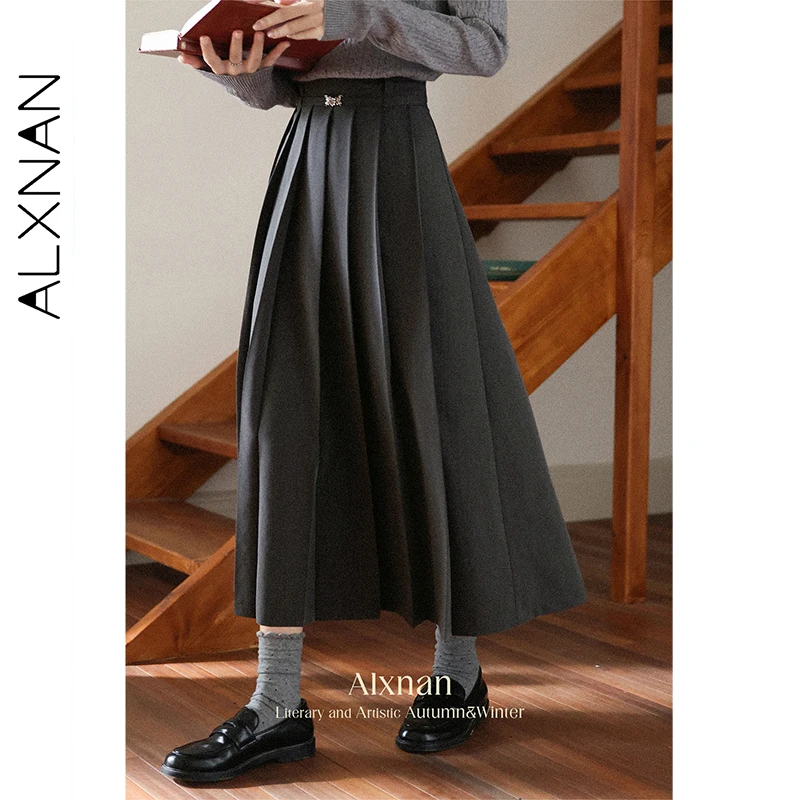 

ALXNAN Gray Pleated Skirt Women High-waist Long A-line Skirts 2025 Autumn Elegant Office Lady Butterfly Buckle Clothing L56863