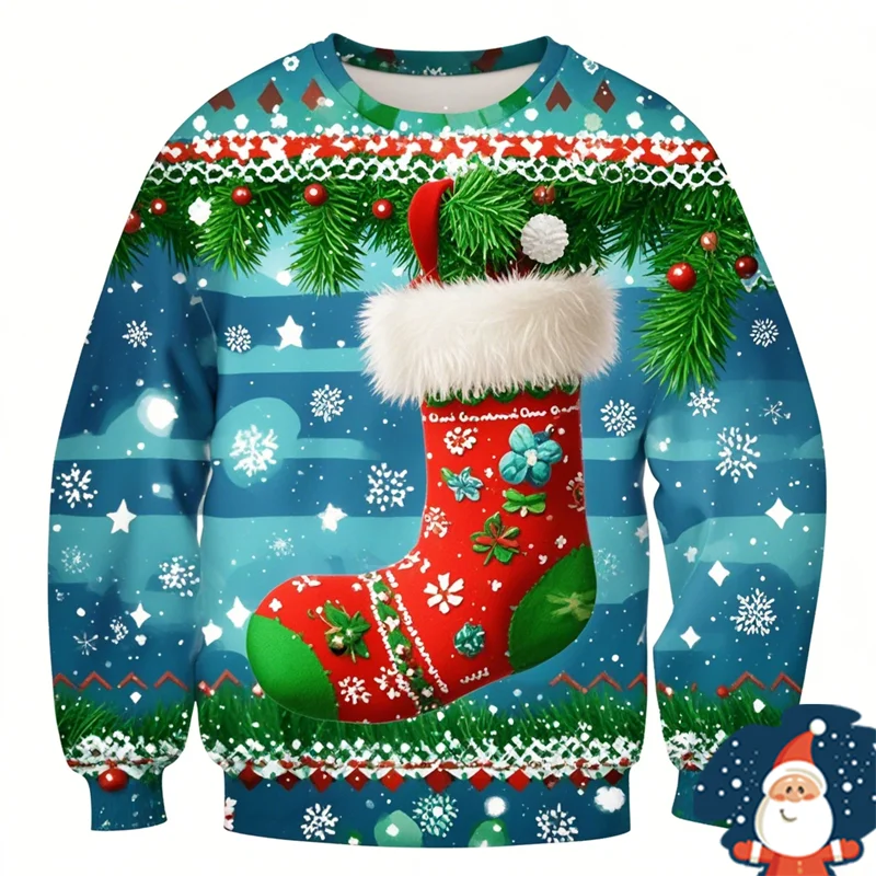 New Christmas Stocking 3D Printed O-Collar Hoodie 2025 Hot Selling Funny Men's Christmas Gift Ugly Sweater Oversized Womens Tops