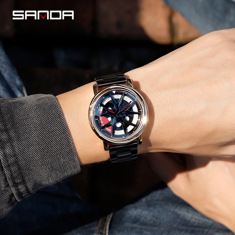 SANDA P1025 Rotation Rim Hub Sports Car Watch Men\'s Waterproof Stainless Steel Wheel Quartz Wristwatch Men with Luminous Hands