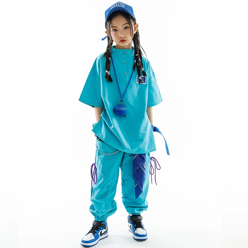 2023 Kids Hip Hop Clothes Girls Loose T Shirt Pants Blue Suit Boys Street Dance Costume Kpop Concert Performance Wear BL10590