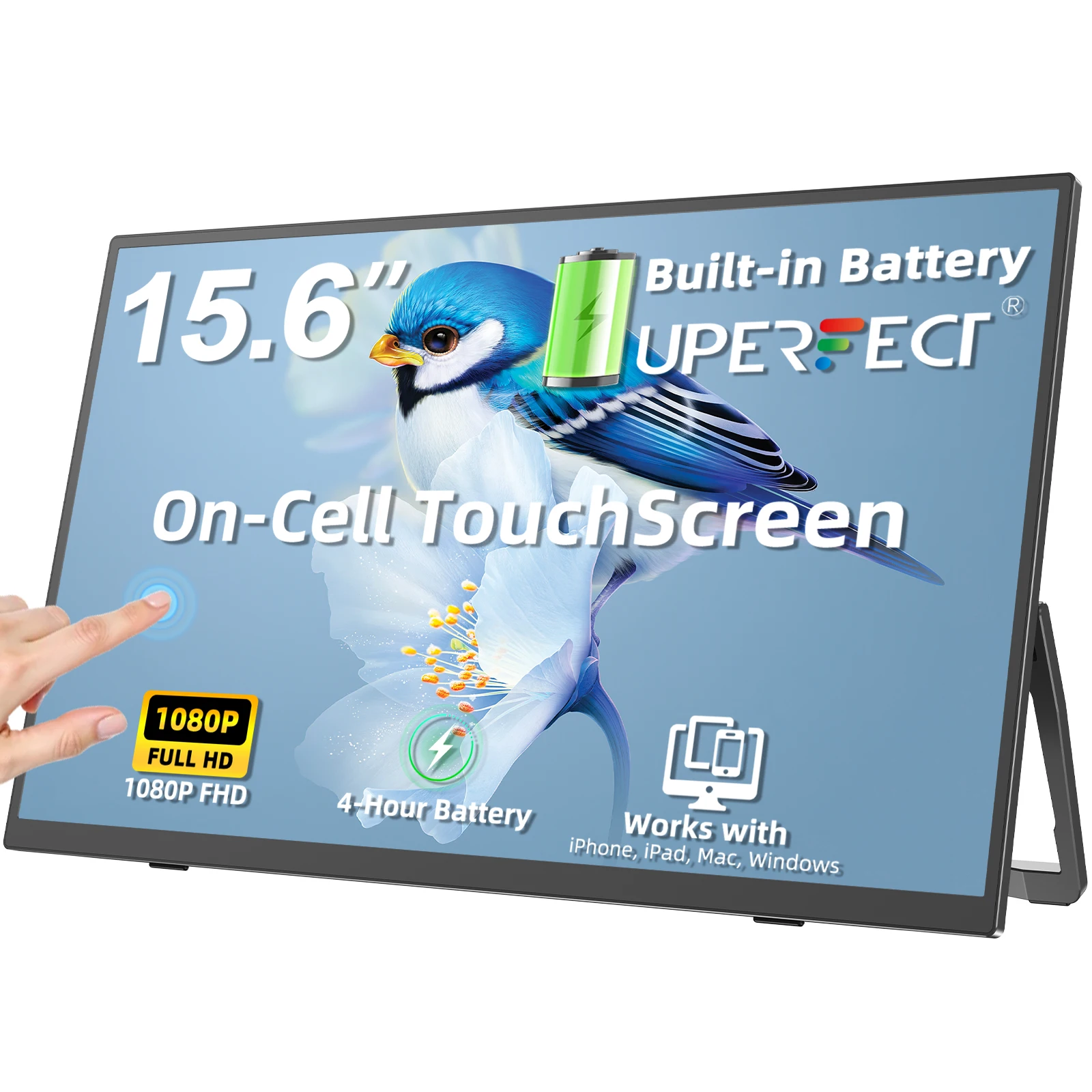 

UPERFECT Touch Battery Portable Monitor 8000mAh 15.6" 1080P FHD Travel Second Screen Display For Laptop Windows Mac Android iOS