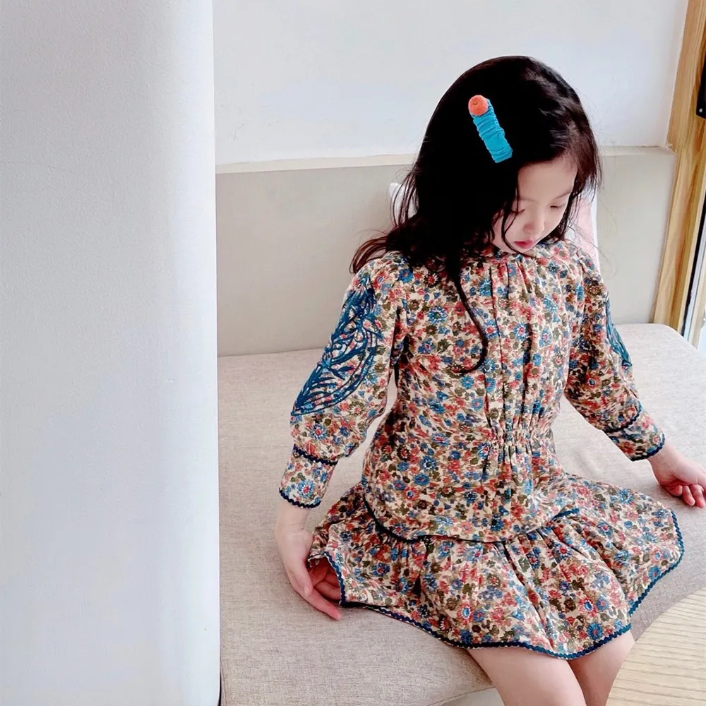 

kids girls clothes baby girls dresses French style Long sleeves Vintage printed embroidered dress