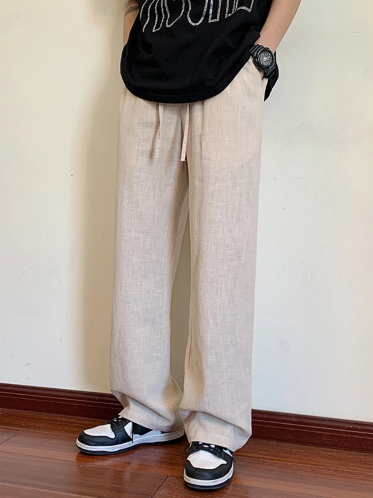 

Summer Men's Linen Pants Loose Straight Leg Drapey Wide Leg Thin Cotton Linen Casual Long Trousers Large Size Men's Trousers