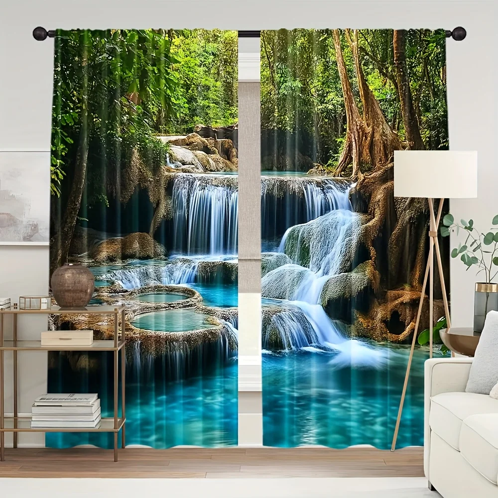 Waterfall Forest Curtain, 3D Nature Scenery Window Drape, Green Jungle Stream Blackout Panel, Living Room Bedroom Home Decor
