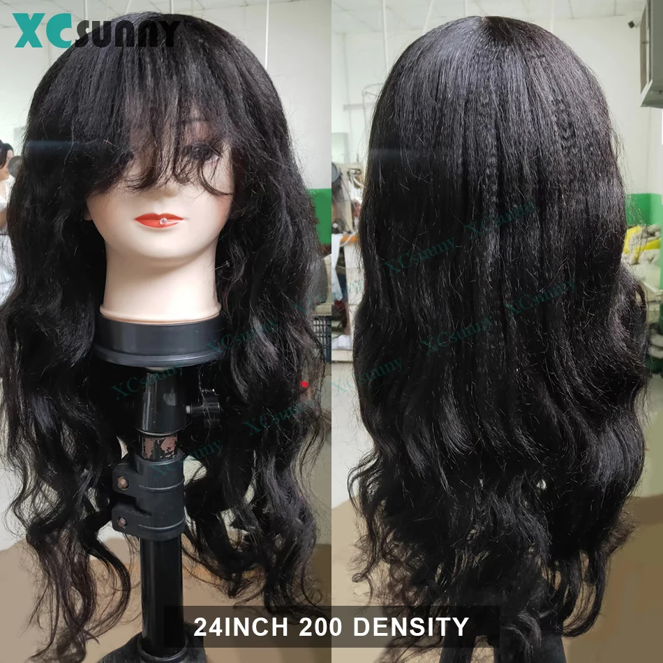 Yaki Wavy Human Hair Wigs With Bangs Remy Brazilian Silk Scalp Top Closure Wig For Women 200 Density Yaki Bang Wig Human Hair