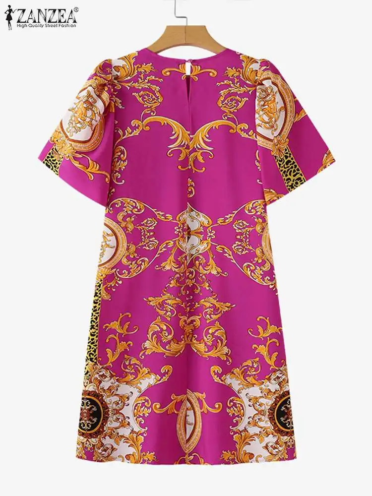 ZANZEA Eleganckie sukienki z nadrukiem retro dla kobiet Puff Short Sleeve Robe Fashion Summer 2024 Straight Vestidos Holiday Knee Length Dress