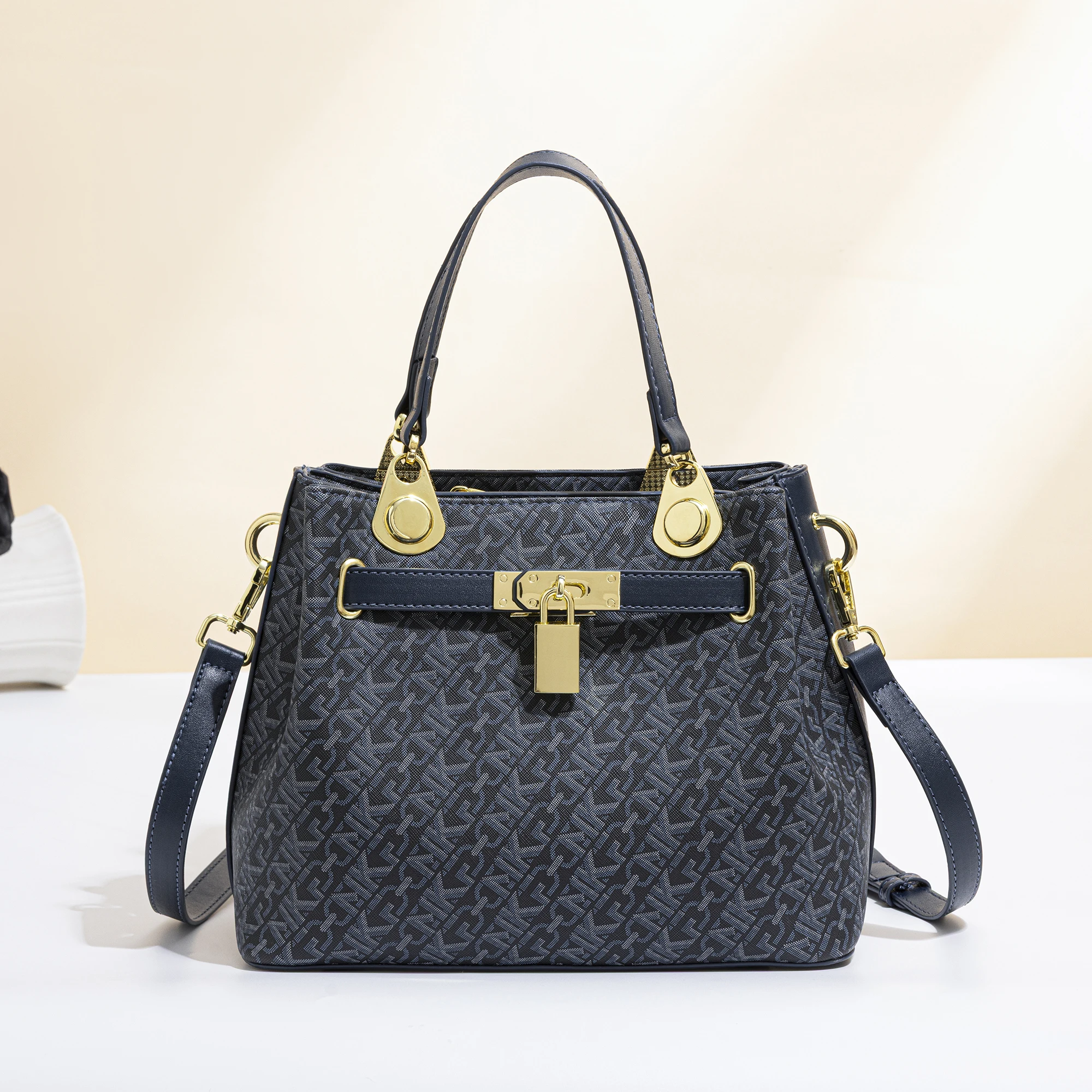 Vintage Monogram Jacquard Top-Handle Bag Classic Padlock Satchel Large Capacity Multi-Compartment Shoulder Crossbody Purse