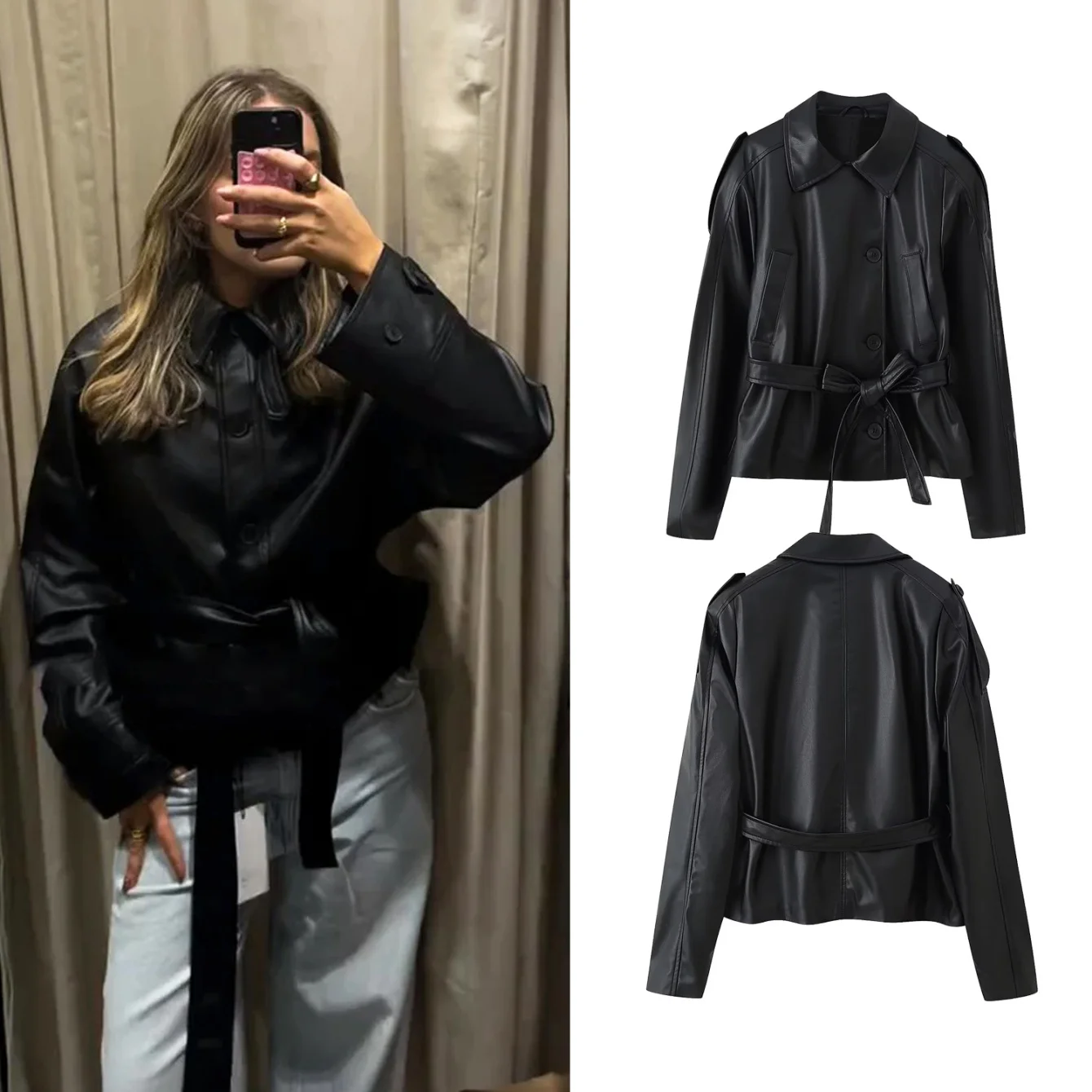 

Woman Autumn Faux leather Jacket Solid Turn-Down Collar Long Sleeves Pocket Belt Single-Breasted Female Streetweer Style Coat