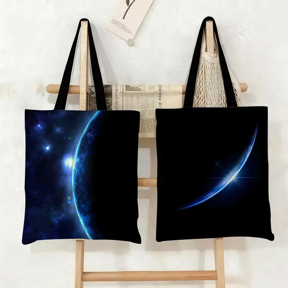 Bright Star in Dark Space Storage Bags Canvas Tote Bag Large Capacity Double-Sided Print Shopping Bag Eco-Friendly Shoulder Bag