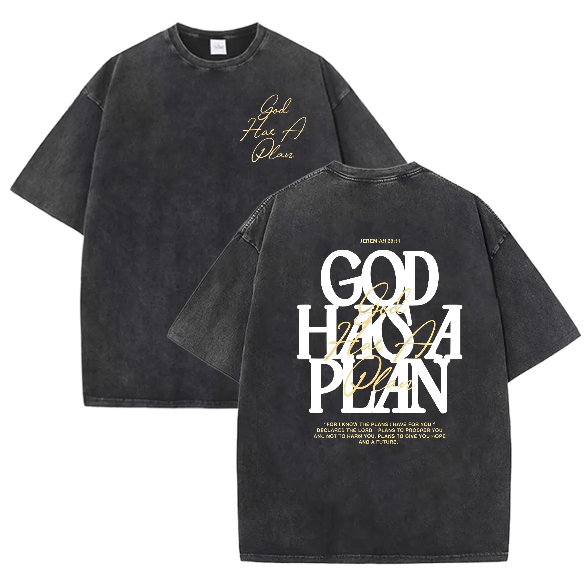 T-shirt vintage délavé double face avec impression 'God Has A Plan' et 'Christian Letter', coupe oversize, streetwear de foi, manches courtes, taille asiatique