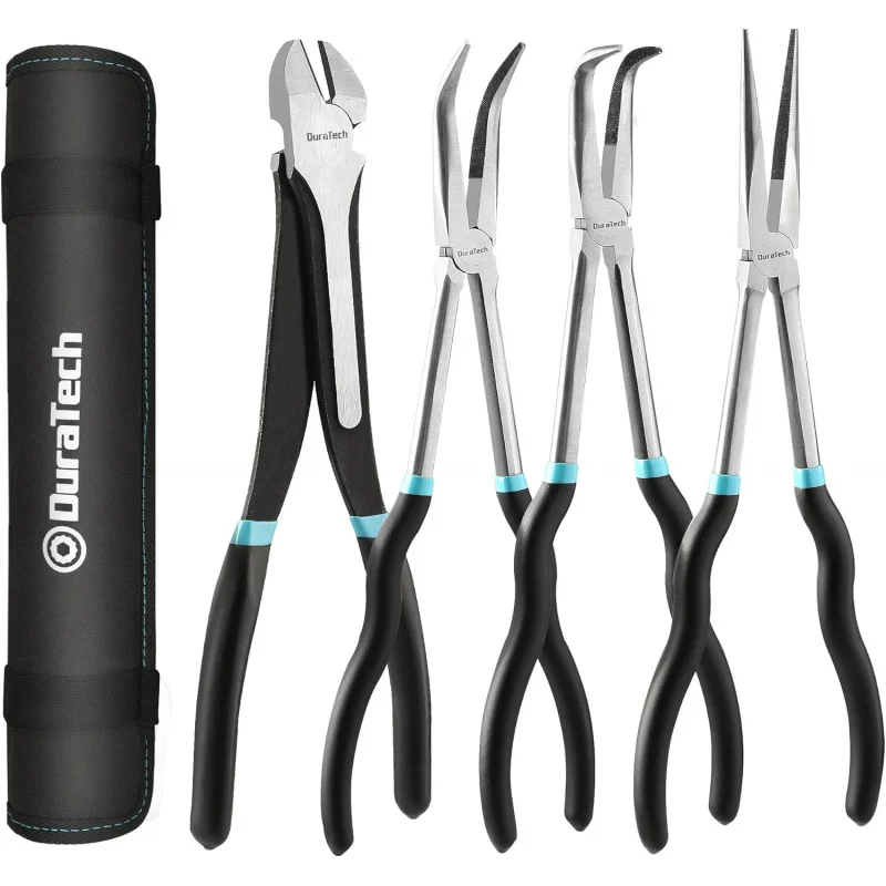 duratech-lot-de-4-pinces-a-bec-extra-longues-en-acier-crv-11-pouces-droites-et-coudees-a-90°-°-45-°-diagonale-a-nez-courbe-pour-espaces-etroits