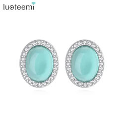 LUOTEEMI Dazzel Cubic Zirconia Fashion Stud Earrings Stylish Oval Green Pink Accessories for Women Girls Wedding Glitter Jewelry