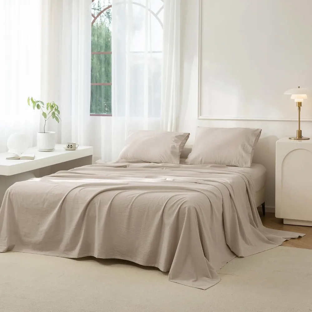

100% Washed Cotton Sheet Set 4 Pieces Queen,1 Fitted Sheet,1 Flat Sheet and 2 Pillowcases,Comfy and Breathable Linen Like Beddi