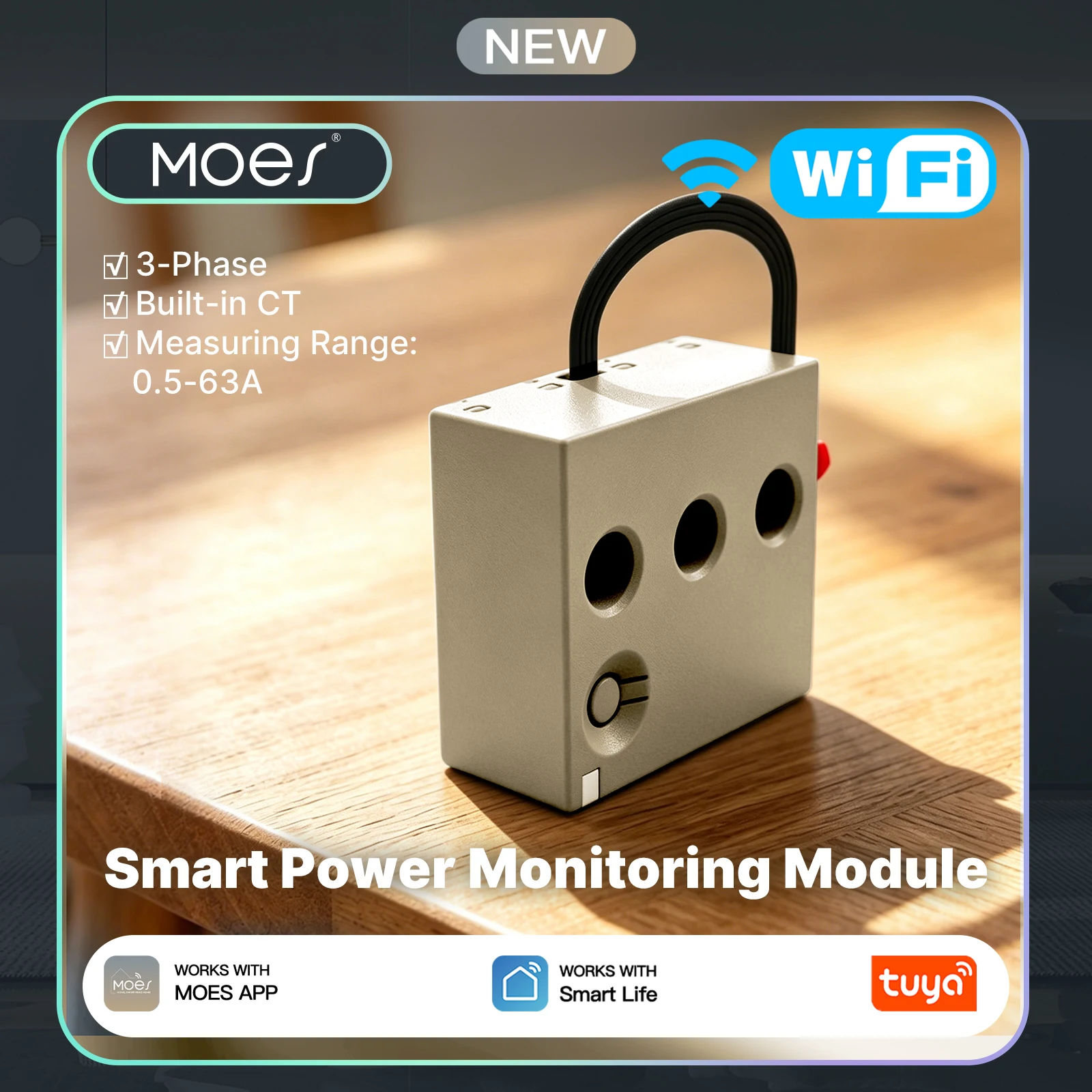 moes-tuya-wi-fi対応-3相スマート電力計モジュール。電力消費量を監視し、最大63aまでの電流を測定可能。内蔵の電流トランスを搭載。