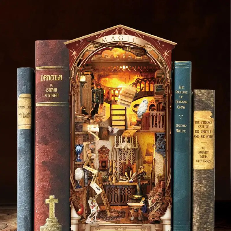 OUZEY 3D Livro de madeira Nook DIY Kit - Biblioteca escolar de feiticeiro misterioso, inserção de estante com tema mágico, presente artesanal criativo para adultos