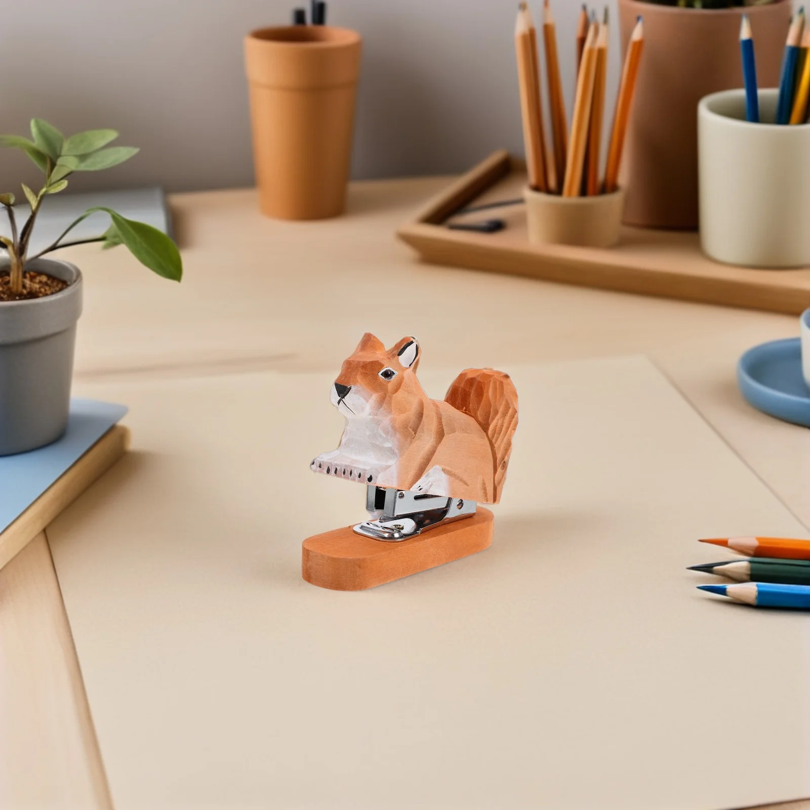 2Pcs Wooden Squirrel Shaped Mini Stapler Cute Office Desk Accessory Compact Portable Hand Held Stationery Tool for Craft