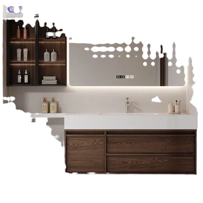 

Medieval style solid wood bathroom cabinet, bathroom rock slab seamless basin, toilet extension