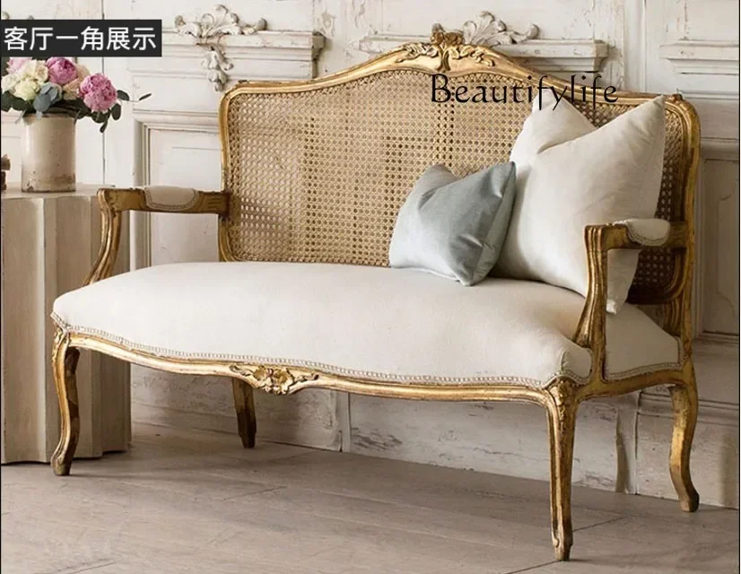 American gold old sofa solid wood carving flower vine back chair photography log double seat retro fabric sofa