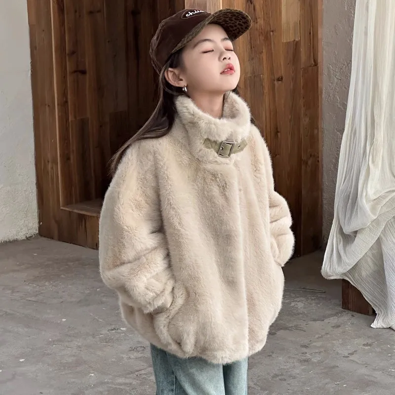 

Winter Warm Girls Plain Single-Breasted Turtleneck Faux Fur Jackets School Kids Thick Coats Children Outfit Windbreaker 5-16 Yrs