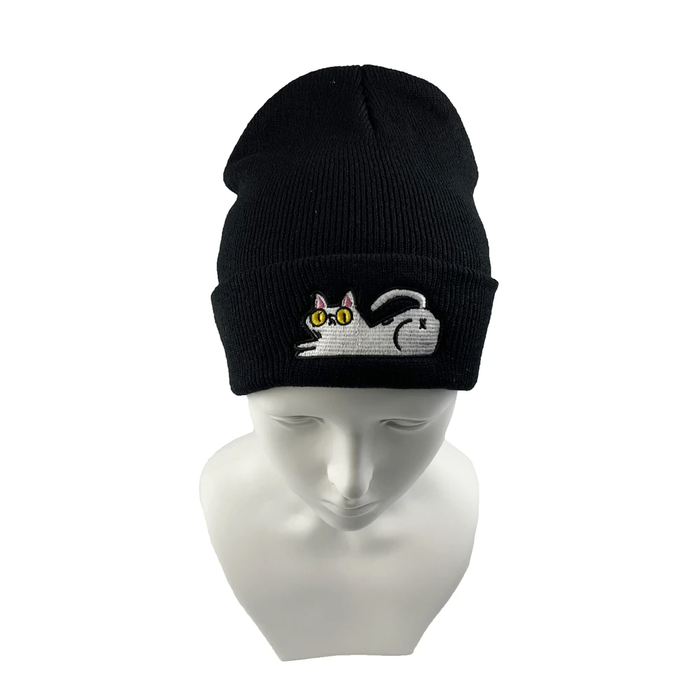 Cartoon Cat Embroidery Knitted Hat Autumn Winter Warm Skullies Cap Beanie Hat for Men and Women