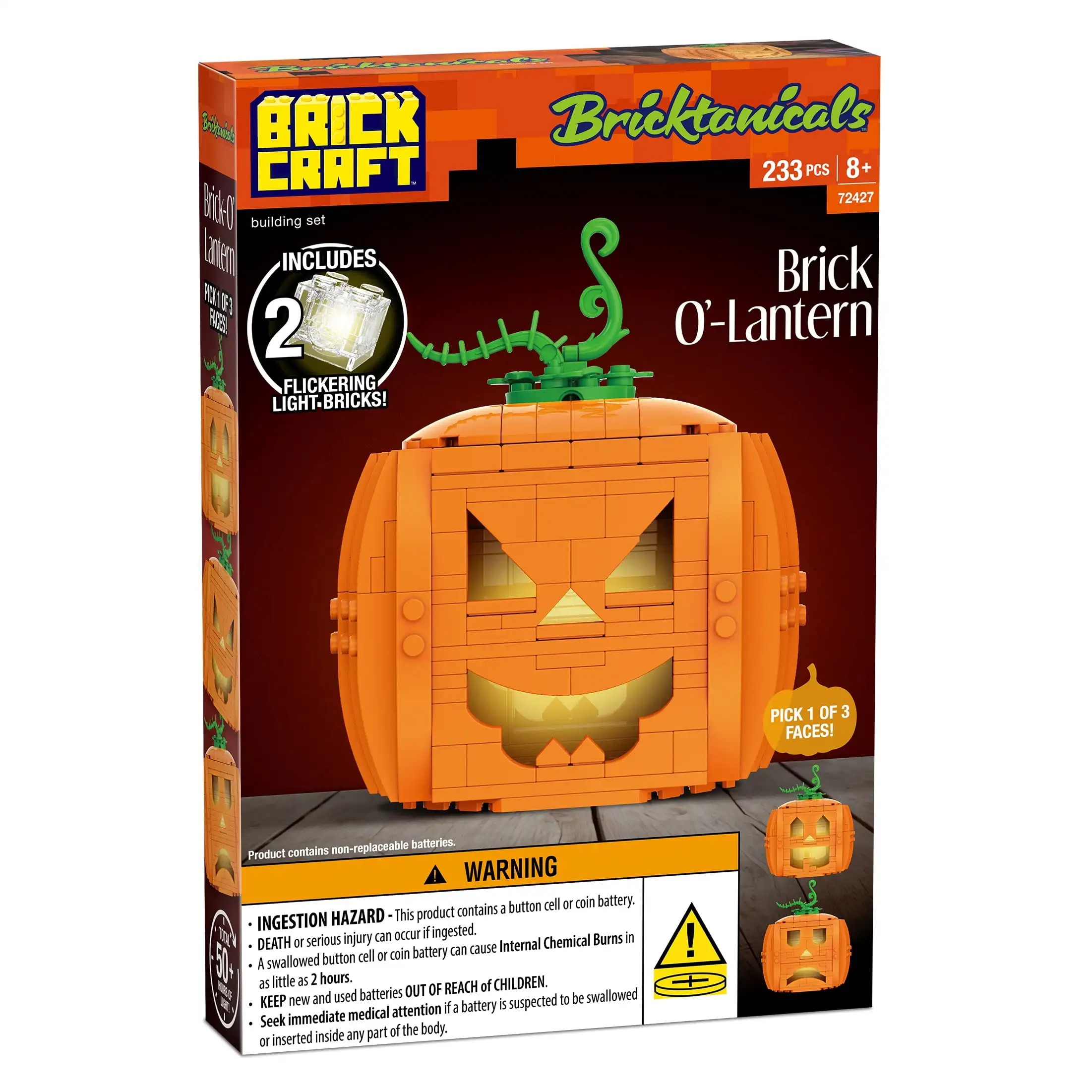 Creative Brick Pumpkin - 233 Pcs 3-Sided Jack-O-Lantern with LED Light, 13.7cm Halloween Build Kit for Family & Party Fun
