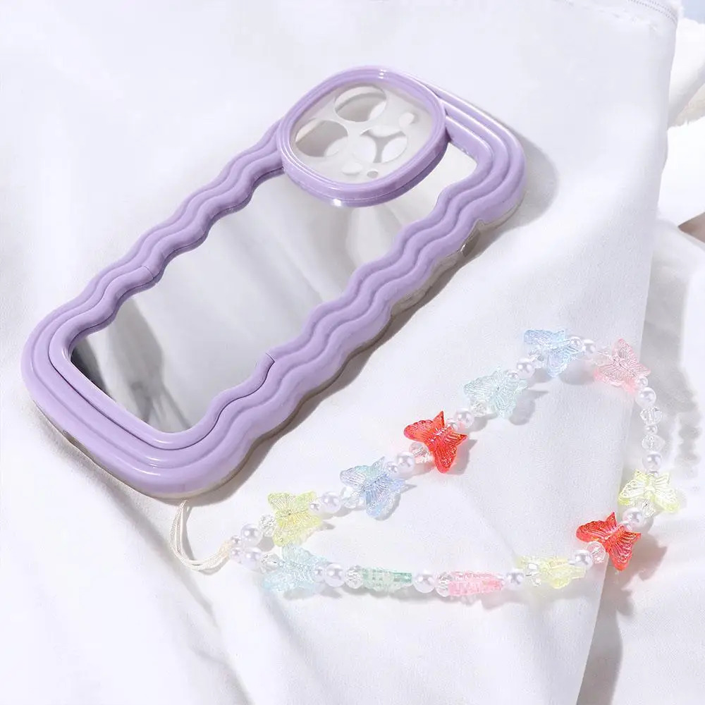 Charming Colorful Resin Butterfly White Imitation Pearl Women Mobile Phone Decoration Anti-Lost Lanyard Chain Jewelry Accessory