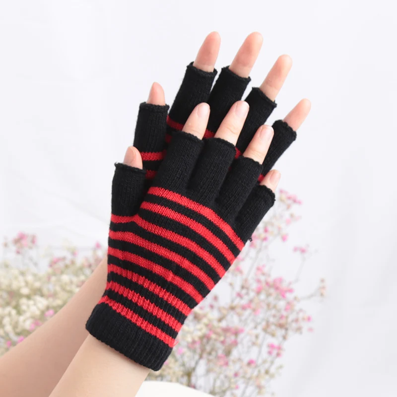 1Pair Black Stripe Half Finger Fingerless Gloves for Women and Men Knit Wrist Cotton Winter Warm Outdoor Gothic Lolita Mittens