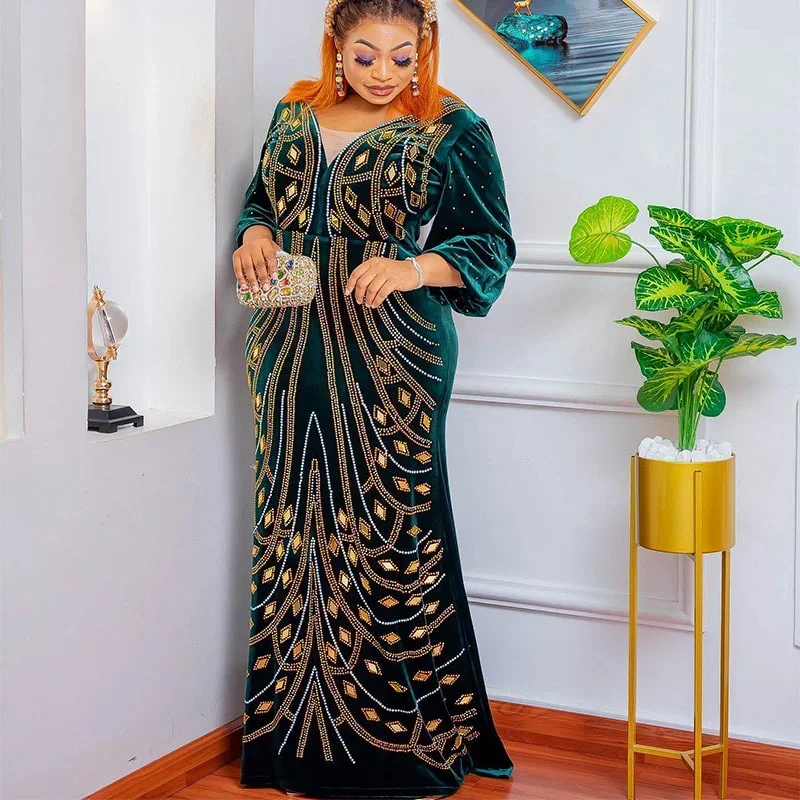 

Velvet African Dresses for Women Spring Autumn African 3/4 Sleeve Green Blue Long Dress African Clothes Women Dashiki Maxi Dress