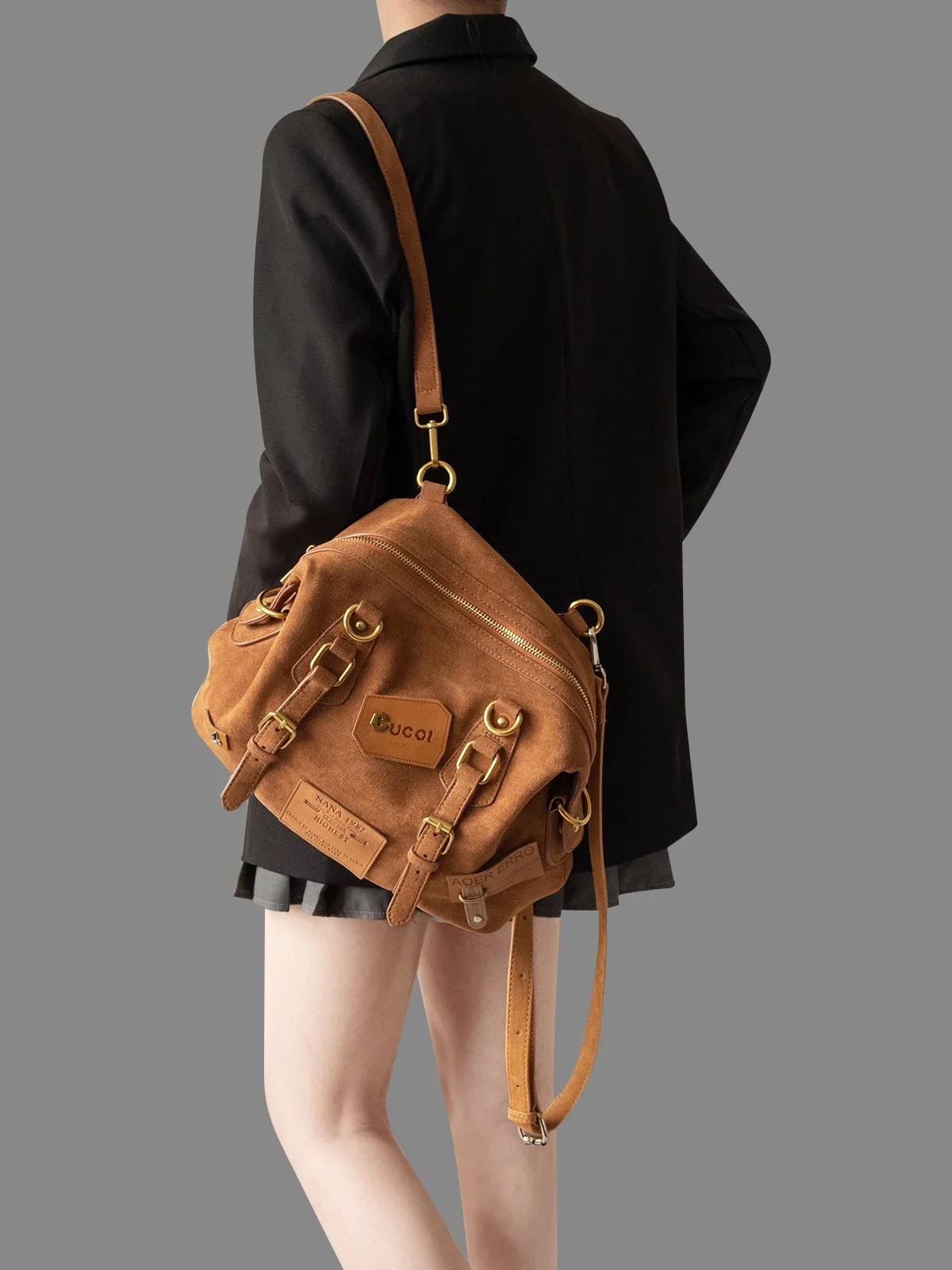 Yao Dong Hiatus Original Retro Label Brown Backpack Gilt Rivet Creative Casual Simple Backpack Crossbody Small Bag