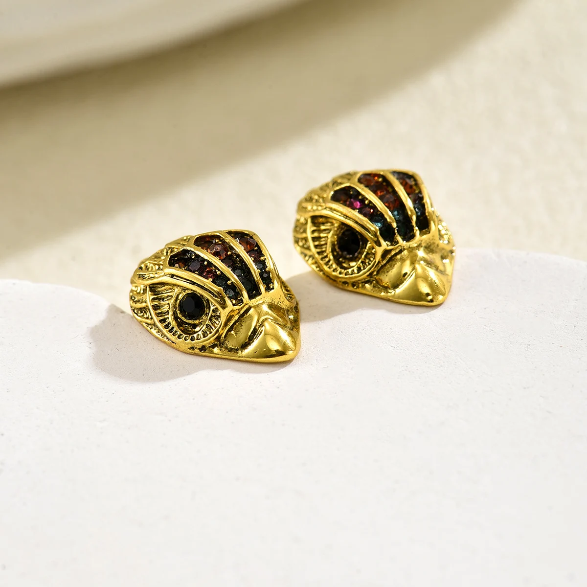 Hip Hop Gold Color Eagle Head Stud Earrings with Multicolor Zircon For Women Daily Office & Business Wear