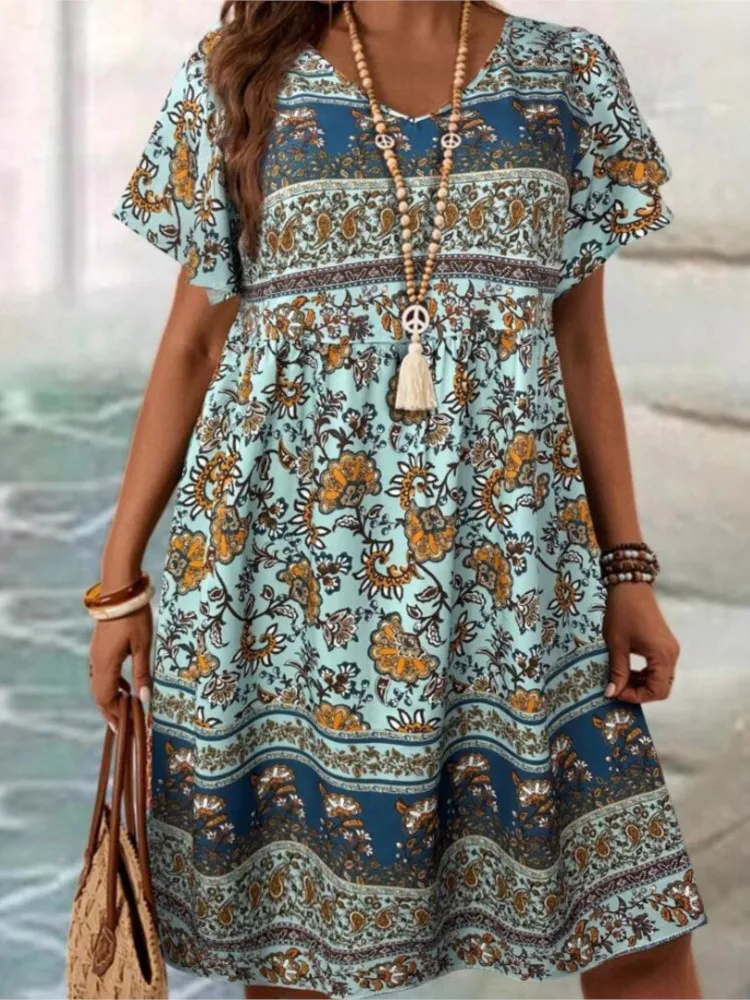 CPSYMYM New Boho Fashion Print Loose Dress Female Casual V Neck Short Sleeve Dresses For Women  Summer Beach Holiday Vintage Dre