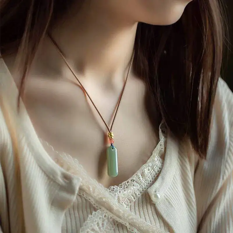 Natural Hetian Jade Safe Plain Tag Phone Chain Car Keychain Light Green Minimalist Pendant Unisex Premium Necklace Gifts